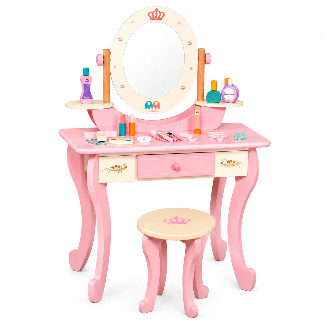 Детска дрвена тоалетна маса со огледало, столче и додатоци – Pink Dresser