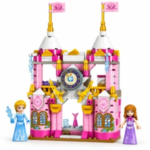 Розов замок за склопување Princess со две кули и фигурки на бела позадина