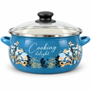 Тенџере Metalac со стаклен капак 24 cm / 5 L – сино на бела позадина