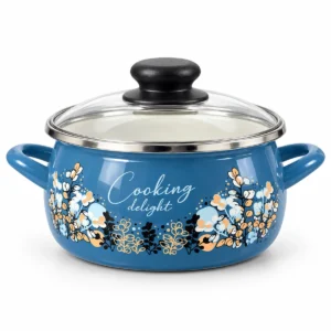 Тенџере Metalac со стаклен капак 16 cm / 1,5 L – сино на бела позадина