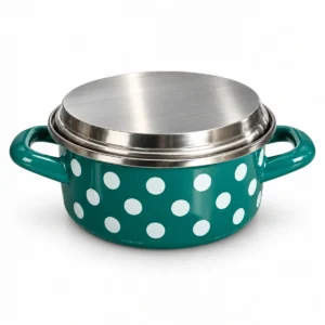 Metalac тенџере 14 cm / 1 L – тиркизно со точки на бела позадина
