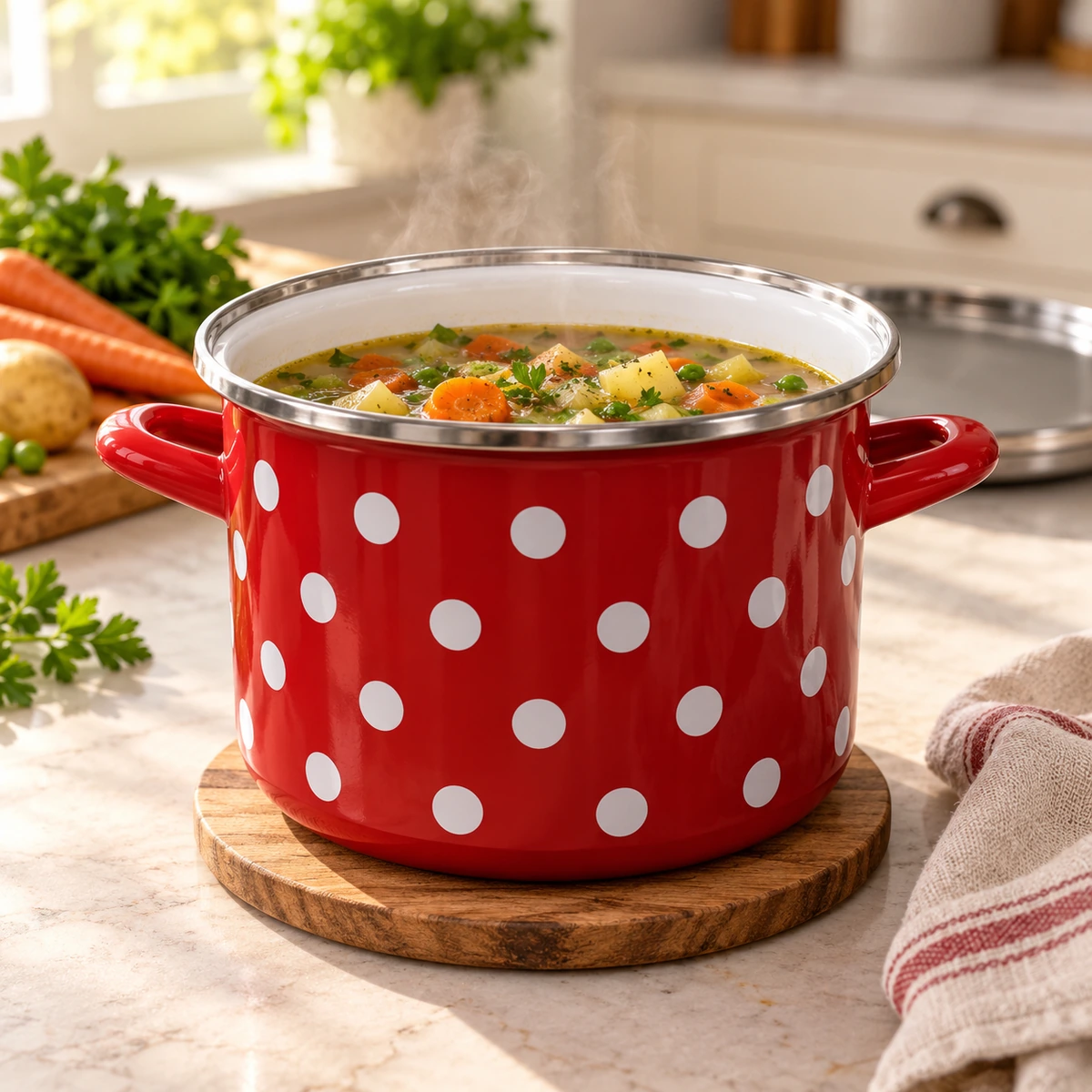 Metalac тенџере 18 cm / 3 L – црвено со точки – во употреба Metalac тенџере 18 cm / 3 L – црвено со точки во употреба во кујна